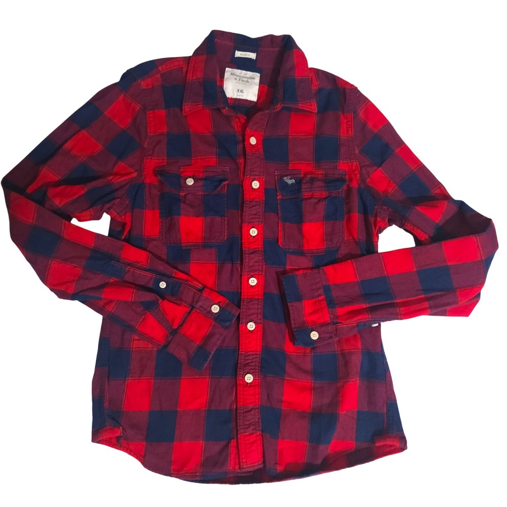 Abercrombie & Fitch Mens XXL Muscle Fit Flannel Shirt Red Navy Buffalo Plaid